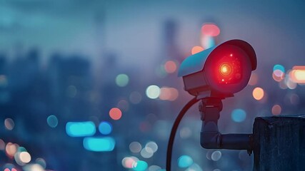 Poster - CCTV camera on bokeh night city lights background. Advanced surveillance system technology concept. Electronic device for security and control.