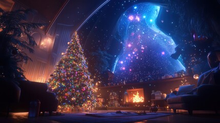 Wall Mural - Christmas tree decorated with colorful lights and tinsel, cozy room with a glowing fireplace, cinematic perspective