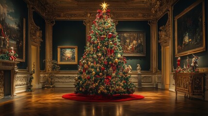 Wall Mural - Ornate Christmas tree with red, green, and gold decor, beautifully illuminated in a darkened room, cinematic holiday feel