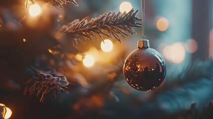 Wall Mural - Close-up of a Christmas tree ornament, soft lights and a warm background, capturing a cinematic holiday feel