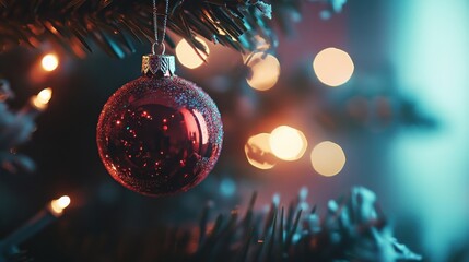 Wall Mural - Close-up of a Christmas tree ornament, soft lights and a warm background, capturing a cinematic holiday feel