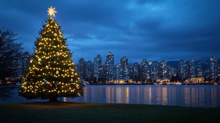 Wall Mural - Tall Christmas tree outdoors, city lights in the background, holiday decorations with a cinematic evening ambiance