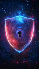 Poster - Vibrant shield with keyhole representing digital security and data protection, illuminated with colorful hues and complex network designs