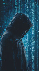 Aufkleber - Hooded hacker with binary code background symbolizing internet security breach