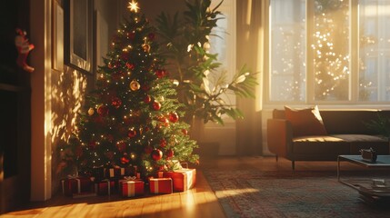 Wall Mural - Elegant Christmas tree with red and green ornaments in a cozy living room, soft holiday lights and cinematic shadows