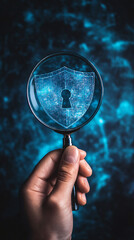 Aufkleber - Magnifying glass focused on digital security shield icon symbolizing cybersecurity and data protection