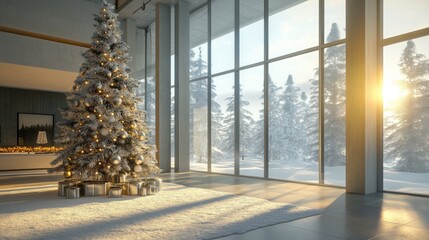 Wall Mural - Christmas tree in a modern home, decorated with silver and white, large windows with snow outside, cinematic light