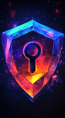 Fototapete - Glowing polygonal shield with keyhole symbolizes data protection and cybersecurity in interconnected digital space