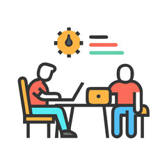 Poster - Vector icon depicting two people engaged in collaborative work in an office setting, focusing on a laptop while monitoring a clock in a productive environment