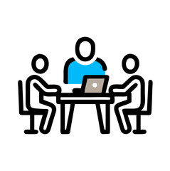 Poster - Vector icon depicting three people collaborating at a table with a laptop, representing teamwork in a modern workspace environment
