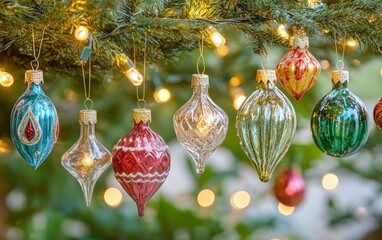 Vintage Glass Ornaments“ Close-up of delicate glass ornaments in various shapes, reflecting the warm glow of string lights. The tree has a traditional, nostalgic feel