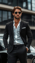 Canvas Print - Confident businessman in sunglasses and suit posing with hands in pockets near his car in the city