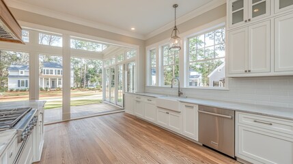 Wall Mural - Bright, Open Concept Kitchen Design, Large Windows, White Cabinets, and Center Island