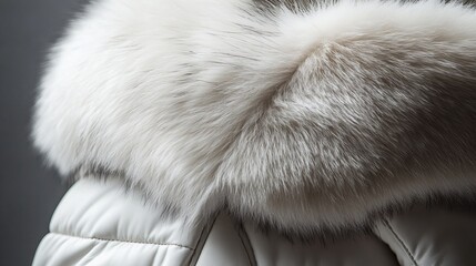 close-up of a faux fur trim on a white puffer jacket, showcasing soft and fluffy texture against a n