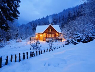 Wall Mural - Winter holiday getaway with vibrant scenery, soft lighting, cozy atmosphere, snow-covered landscape