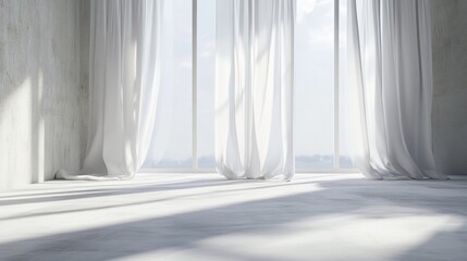 Poster - Empty room featuring white light and shadows on the floor with sheer curtains and wall backgrounds creating a suitable environment for product showcasing