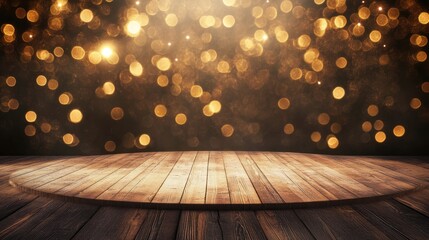 Poster - Wooden stage design for special events with a soft bokeh bronze background providing an empty space ideal for product display