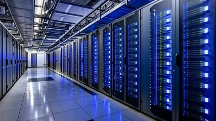Poster - A long hallway with rows of server racks in a data center