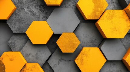 Poster - Trendy abstract geometric design featuring bright yellow hexagons on a neutral gray background providing ample copy space for text Flat lay perspective