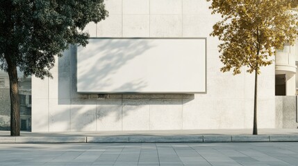 Poster - Blank billboard on a contemporary building exterior along a white marble street advertising concept