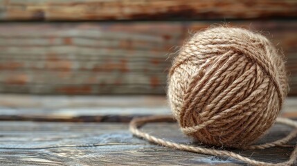 Poster - Image Of Brown Wool Ball Wood Background Close Up