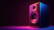 © VRVisionary - Vibrant neon stereo speaker against a dark backdrop designed for showcasing sound and audio capabilities with ample copy space