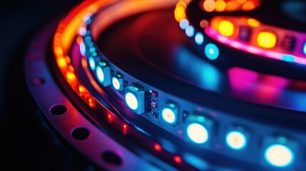 Poster - Close up of LED strip coils with a diode and control panel showcasing color switching features against a dark background