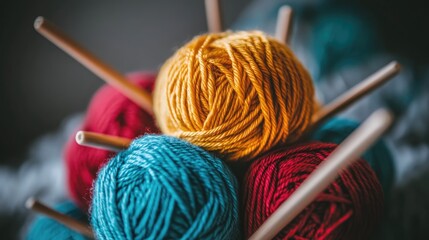 Poster - Vibrant yarn balls alongside knitting needles against a simple background