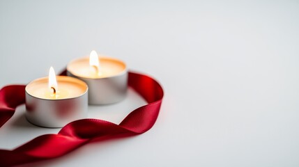 Poster - Two lit candles surrounded by a red satin ribbon on a minimalistic white background