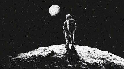 Wall Mural - A stylized astronaut stands on a lunar surface, gazing at Earth in the distance, surrounded by a starry night sky and a prominent moon