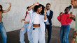 © Vane Nunes - Dance party, Group of young people have fun celebrating at holiday festival together. Happy diverse friends, gen z trend concept