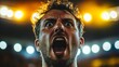 © Irina Kozel - Close-up of a cheering fan with an intense expression, sweat visible, celebrating in a stadium atmosphere
