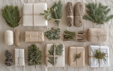 Wall Mural - A collection of neutral holiday gift boxes beautifully arranged with natural twine and pine accents perfect for a minimalist Christmas setting