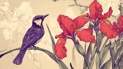 Wall Mural - drawing of flowers irises and bird in modern style, tropical print pattern natural element on beige 