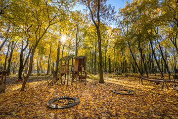 A playground with a wooden structure and tire swings