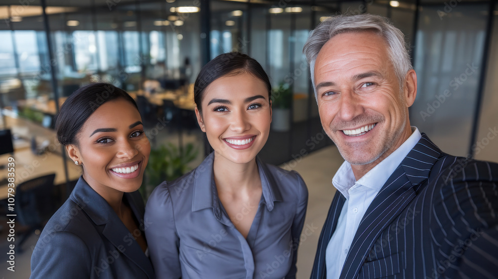 Diverse group of professionals smiling together in a modern office ...