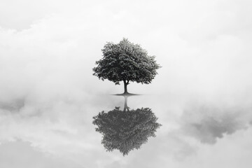 Canvas Print - A single tree in the fog as a symbol of loneliness and inner strength in the silence of nature.