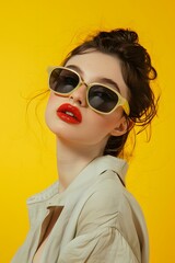 Fashion shooting model in stylish sunglasses on minimalistic background