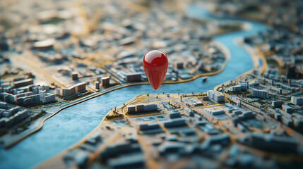 Wall Mural - red pin is marking a specific location on a 3d city map with buildings and a river