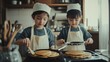 © VK Studio - Twins work together in a cozy kitchen, skillfully flipping pancakes and creating delightful breakfast moments.