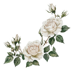 Wall Mural - PNG Blooming white roses with green leaves