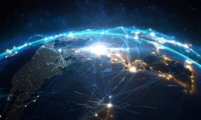 Wall Mural - the earth from a space view, highlighted by radiant networks symbolizing data transmission, technolo