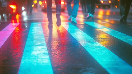 Wall Mural - People crossing a wet street on a rainy night, with reflections of colorful lights resembling a vibrant and dreamlike urban tapestry.