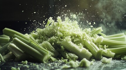 Wall Mural - Celery bursts apart in mid-motion, capturing vibrant freshness and culinary delight.