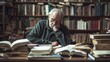 © Anna - Elderly man asleep in cozy library surrounded by stacks of books
