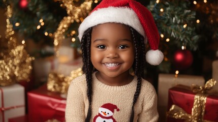Poster - A cheerful young child in a Santa hat beams with happiness while sitting in front of a beautifully decorated Christmas tree surrounded by colorful wrapped gifts, evoking festive spirit.