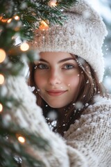 A cheerful woman in a white hat and sweater holds a small Christmas tree, embracing the festive spirit.