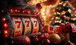 © VictoriaEmerson - A vintage slot machine displaying sevens and holiday decorations among colorful gifts and lights