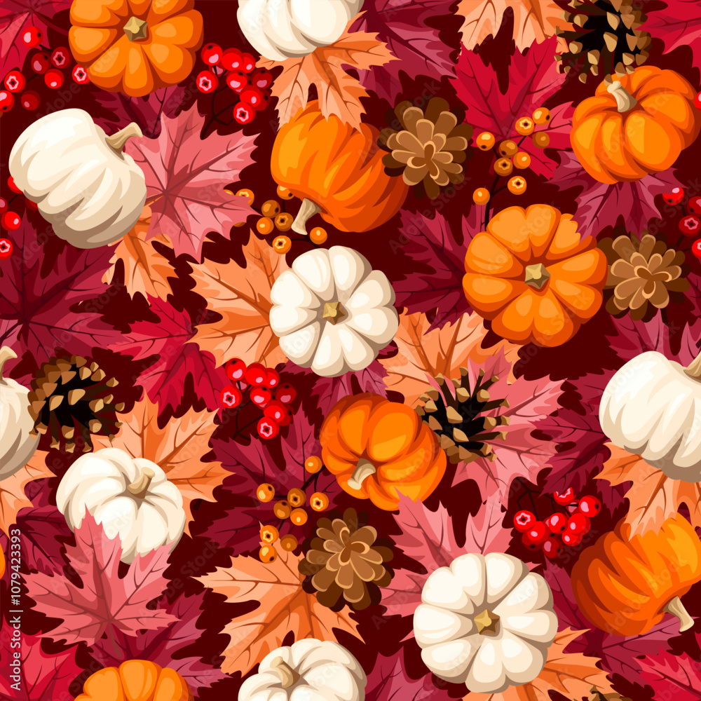 Autumn seamless pattern with red and orange maple leaves, orange and ...
