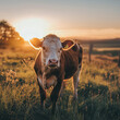 © StockUp - A young cow wears a tranquil expression while grazing in a sunlit field as the sun sets in the background.